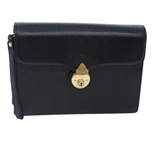 Burberrys Vintage Black Leather Wristlet/Clutch with Gold Lock & Key